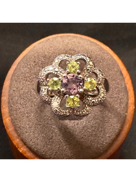 Jewelry - Sterling Silver 925 Amethyst Peridot Prong Set Statement Ring Size 7.75